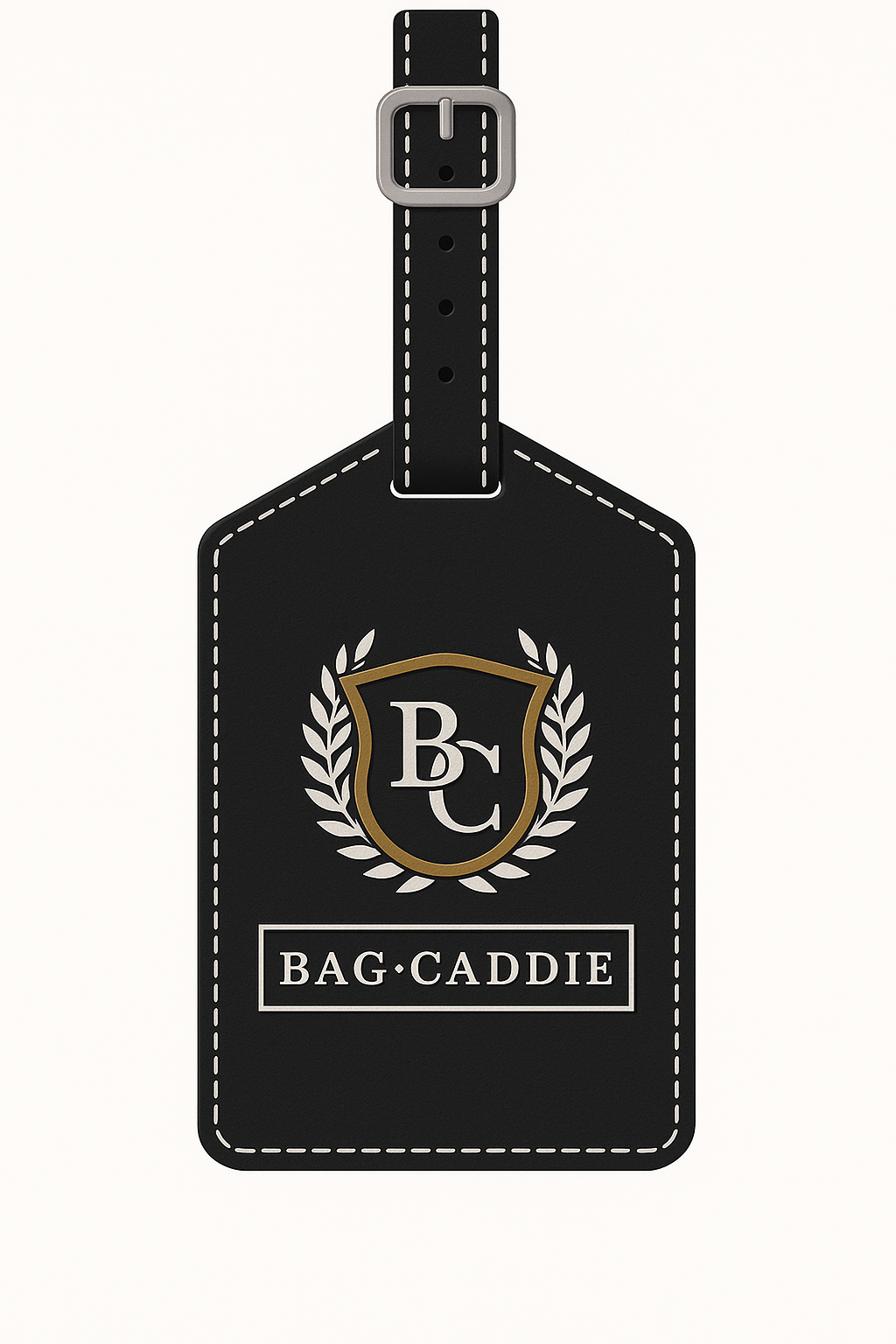 Black luggage tag with 'BC' logo and 'Bag Caddie' text on a white background
