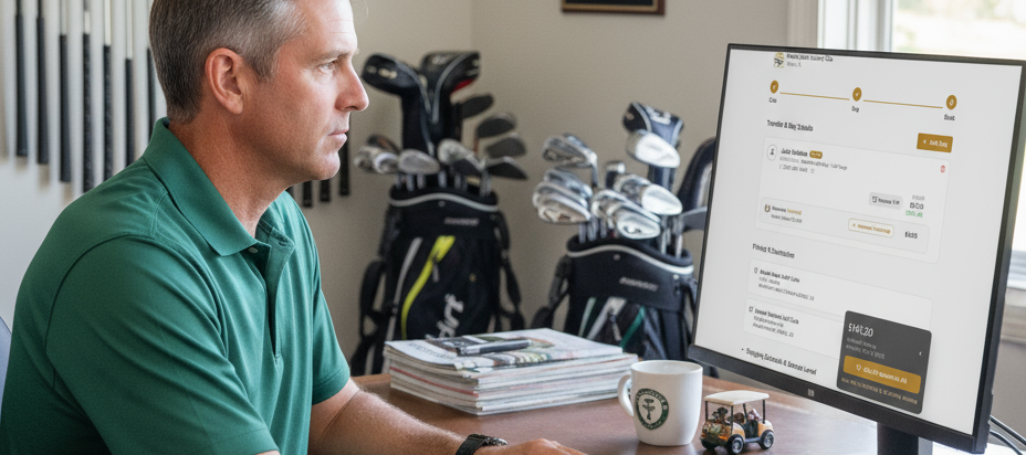 Golf professional using the BagCaddie shipping and member travel platform at the pro shop.