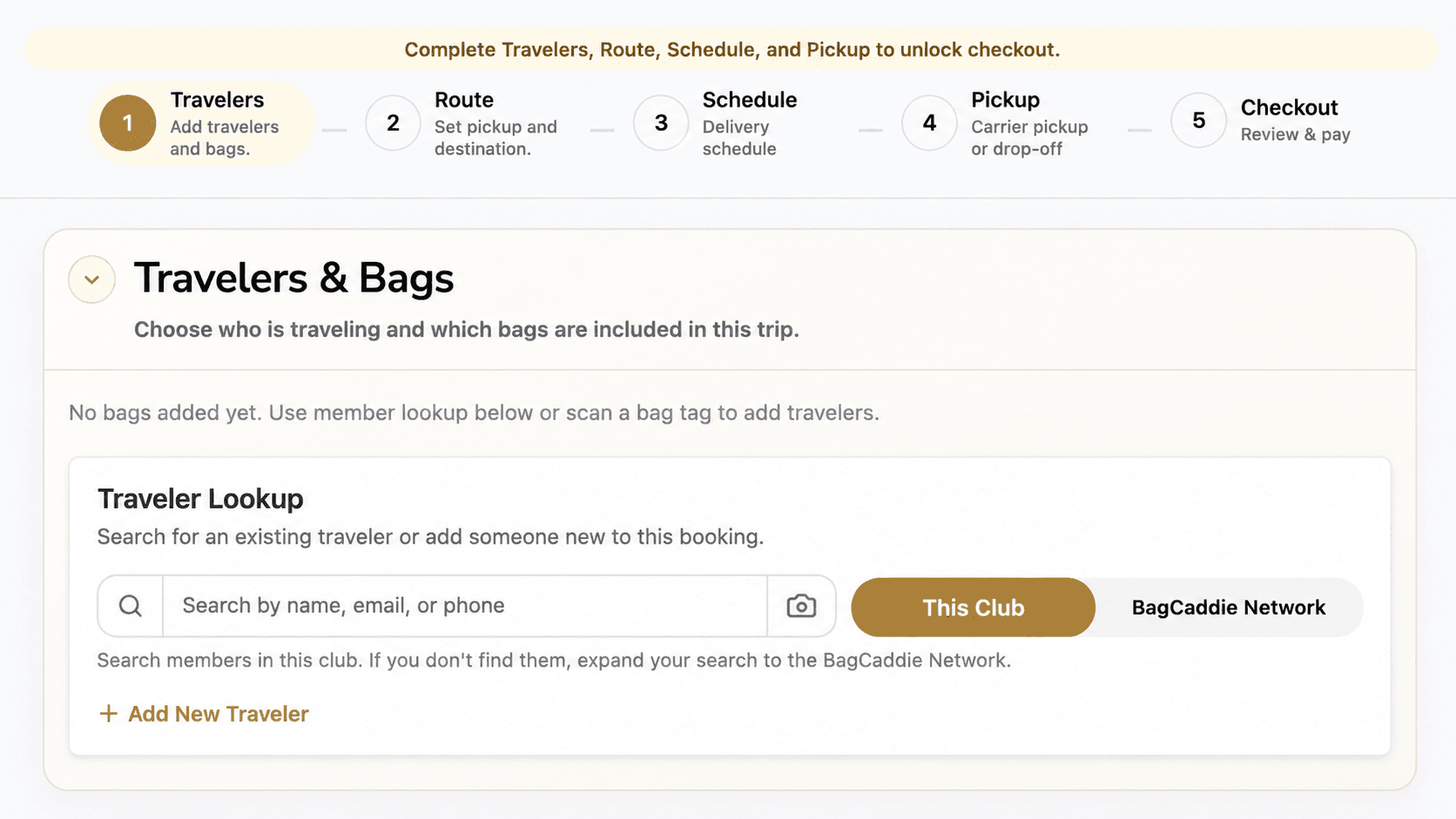 BagCaddie booking form with traveler lookup and guided travel booking steps