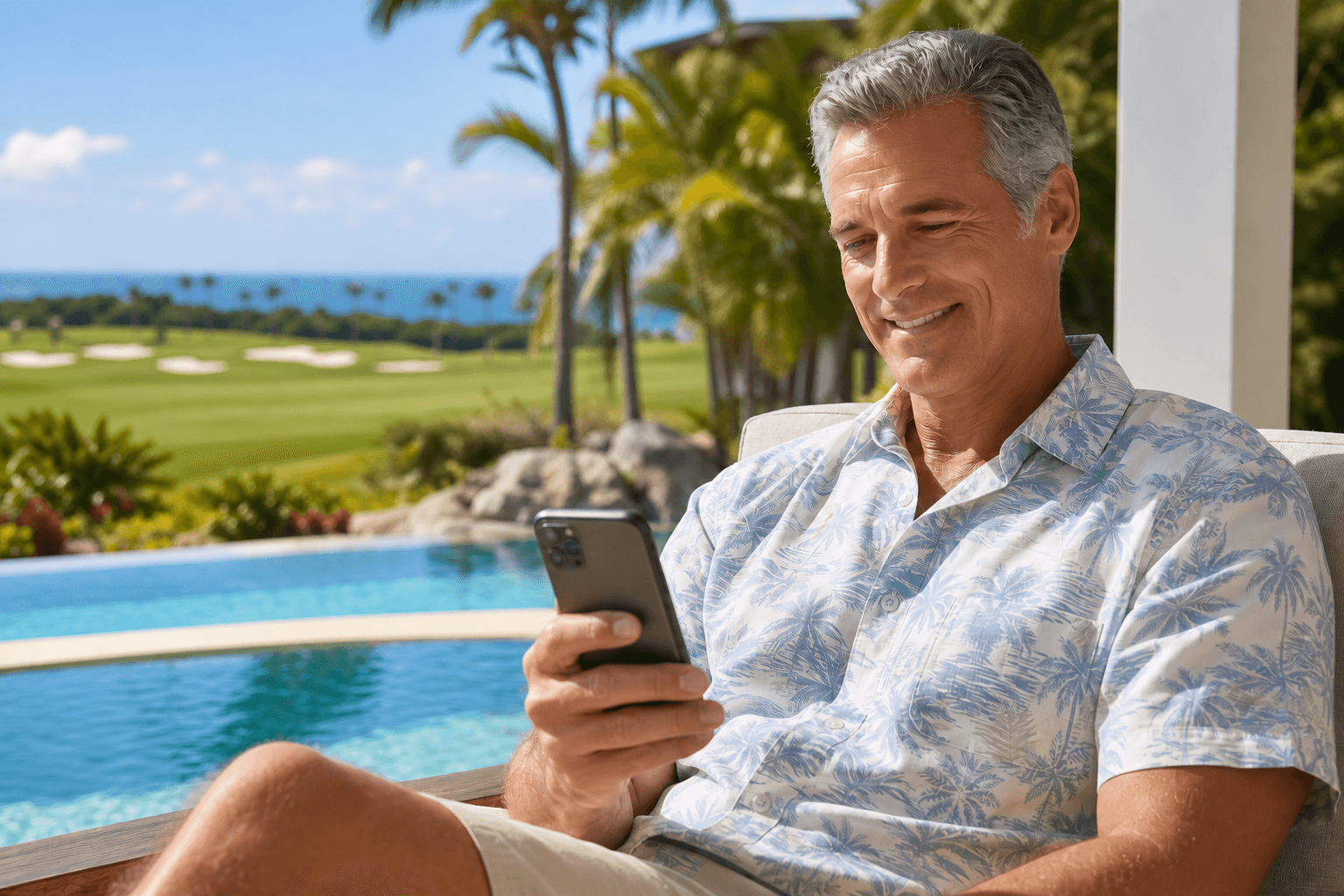 Member in a tropical shirt relaxing poolside with his phone, with the golf course and ocean beyond
