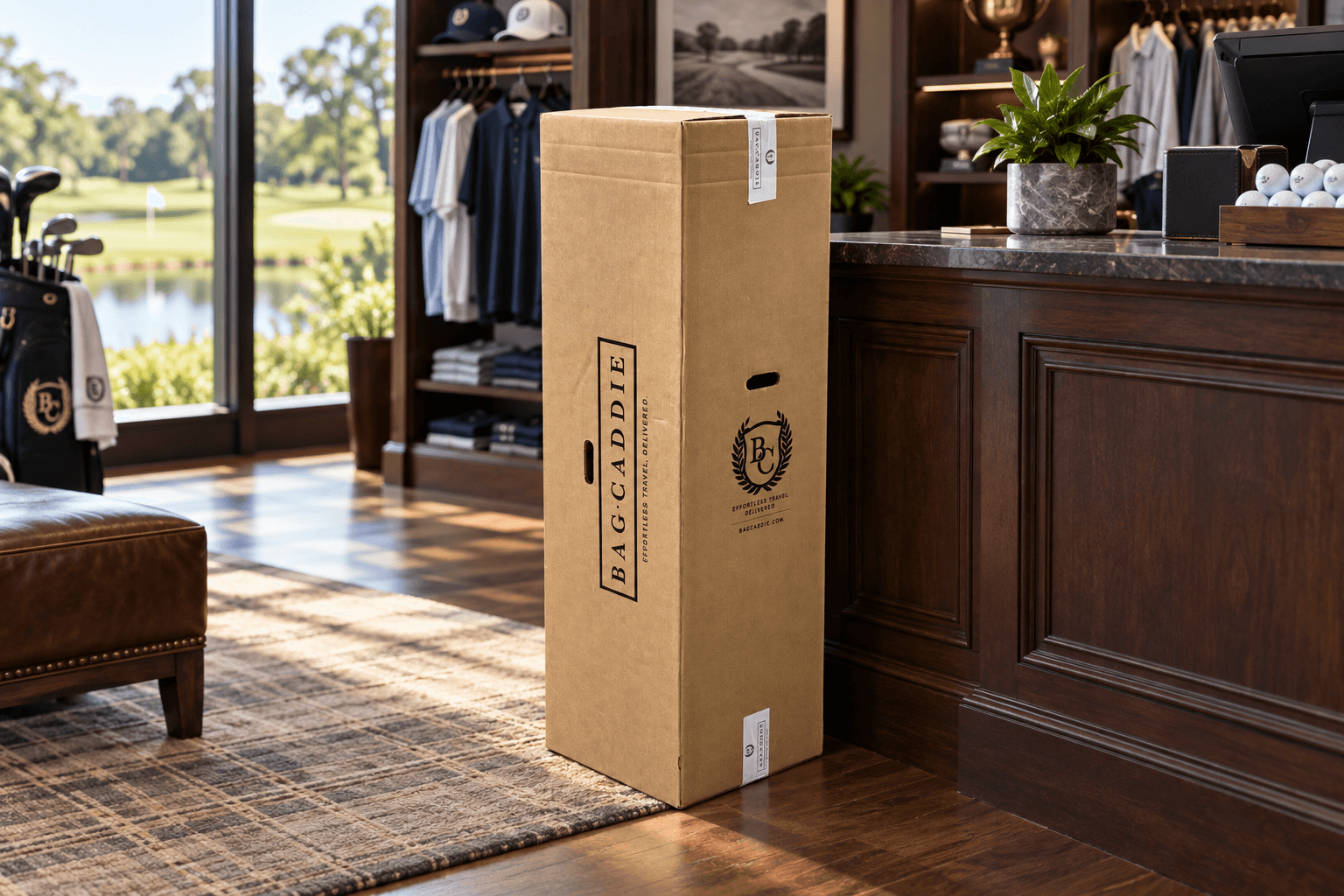 Branded BagCaddie golf shipping box ready beside a pro-shop counter