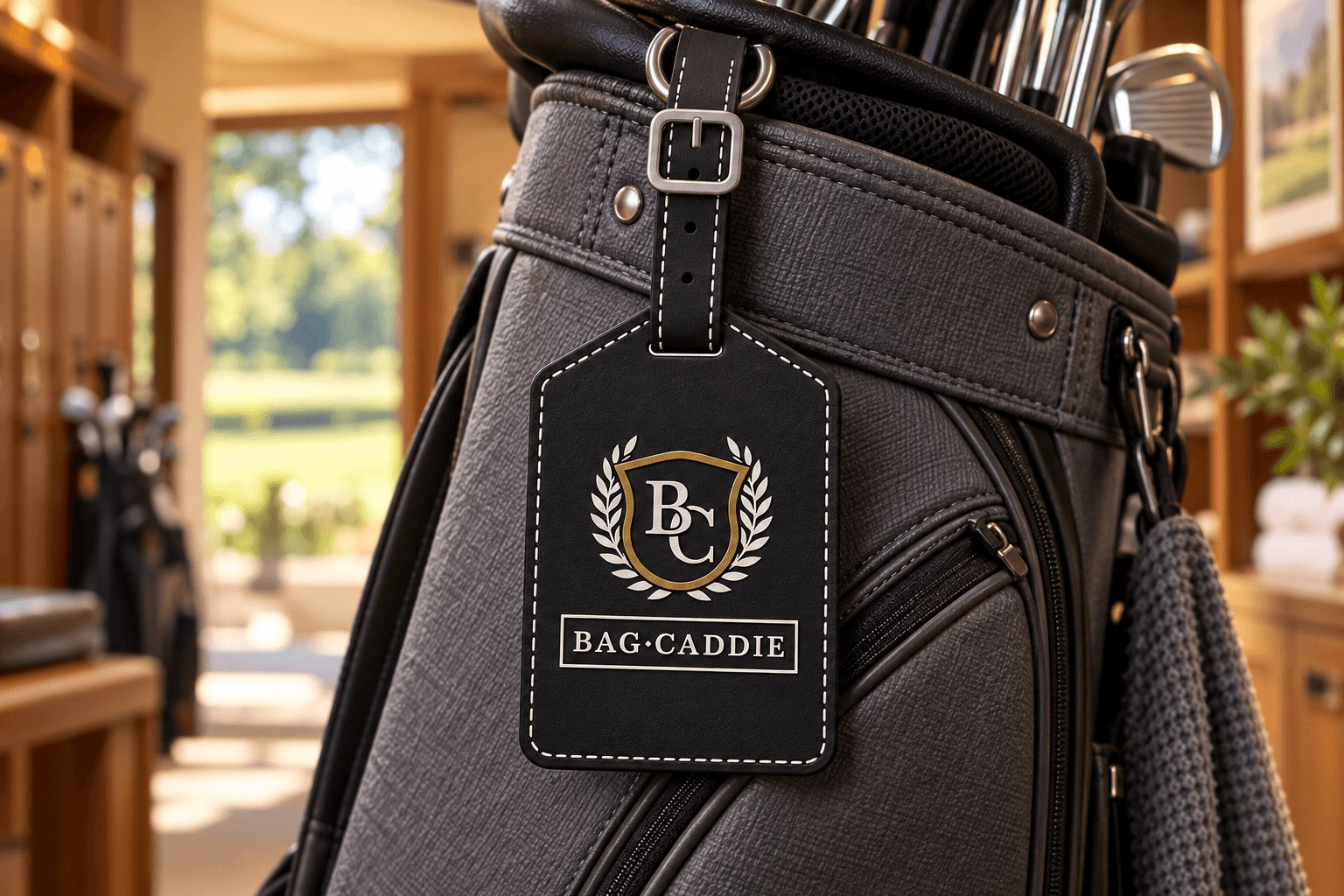 BagCaddie Smart BagTag secured to a golf bag in a club pro shop