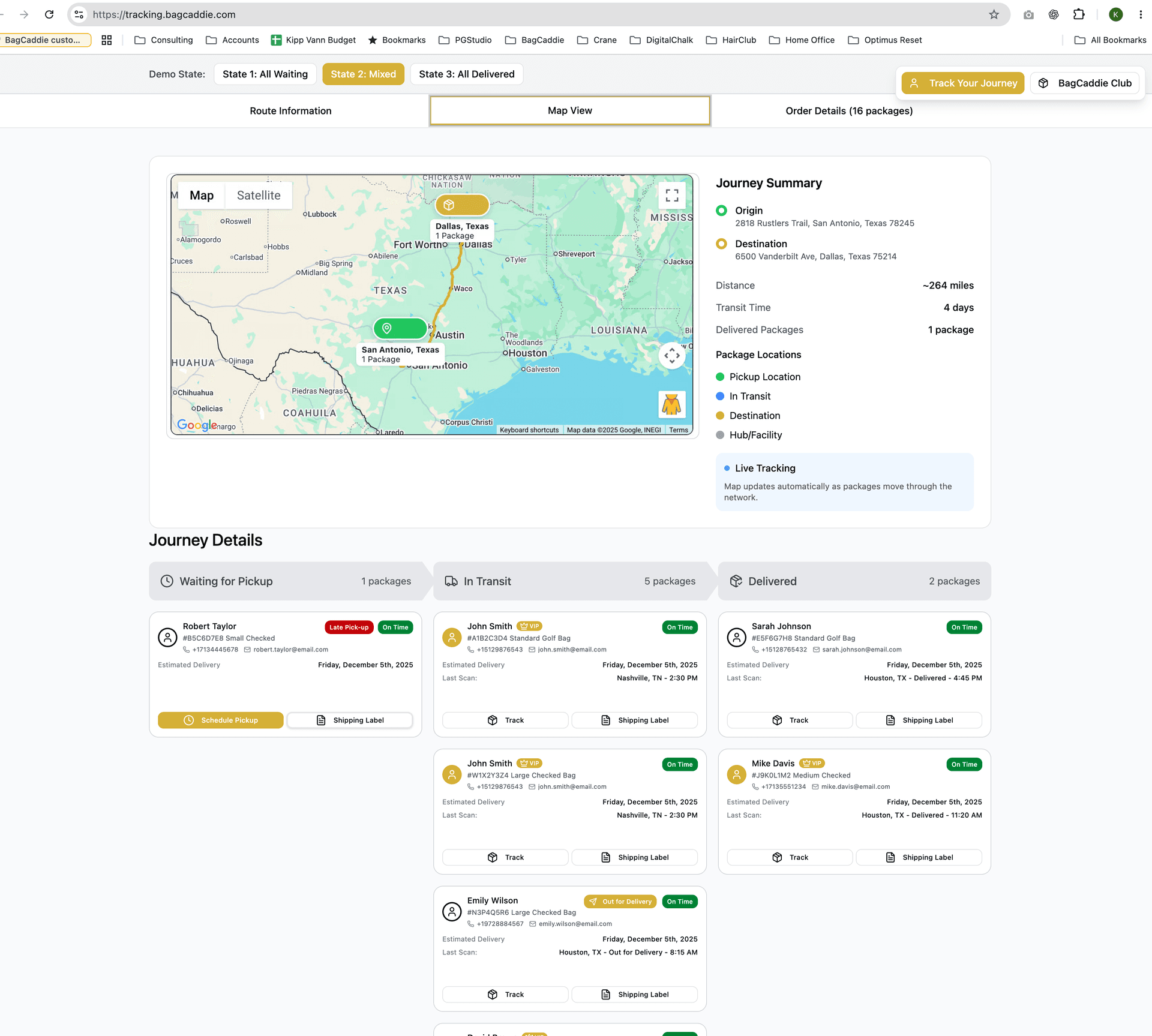 BagCaddie tracking demo showing a journey map and shipment status columns with mock data