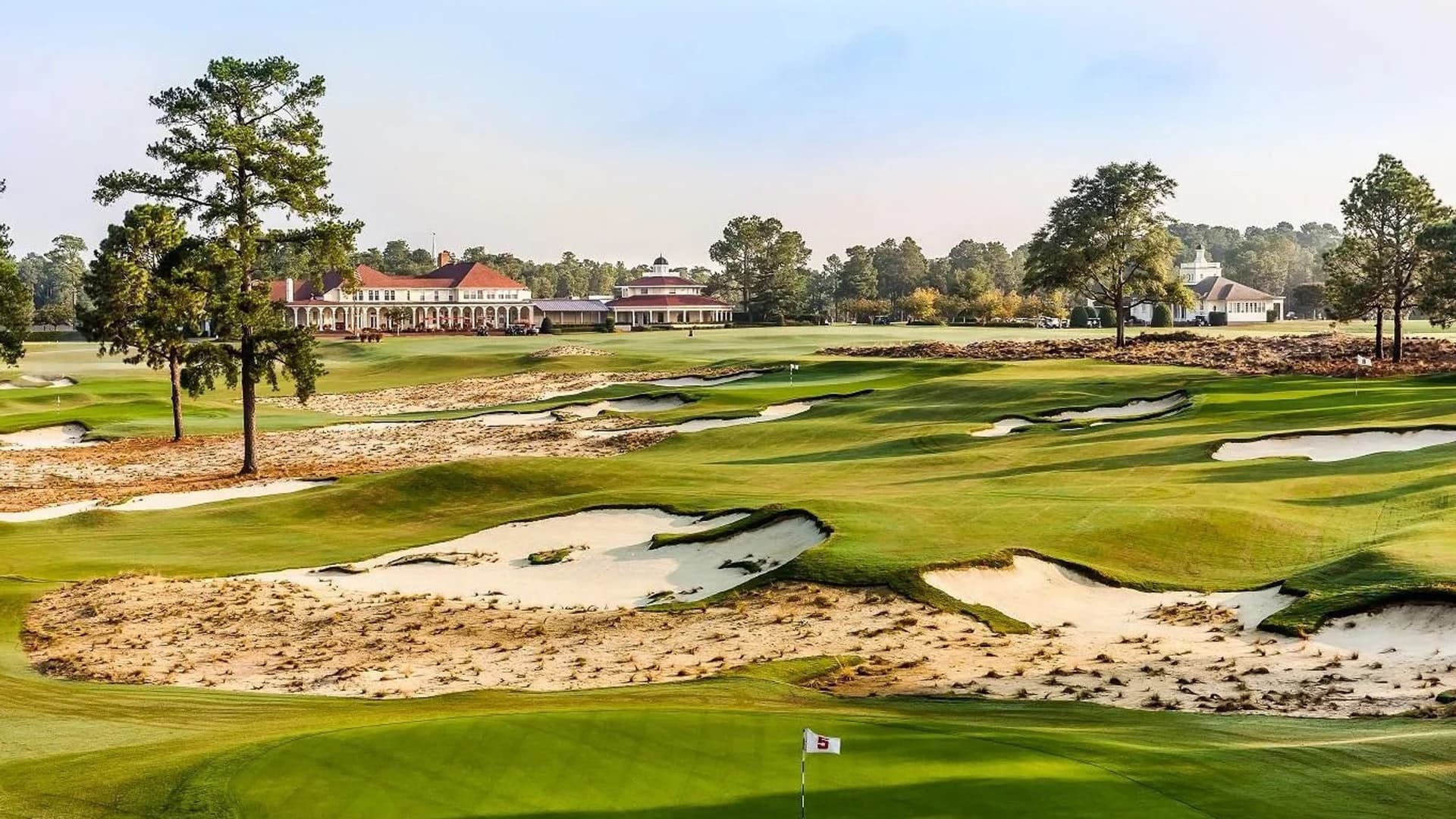 Pinehurst No. 2 fairway with clubhouse in the distance