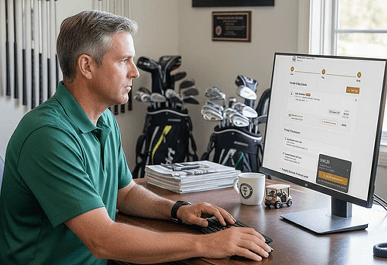 Golfer booking BagCaddie golf club shipping online from a club office