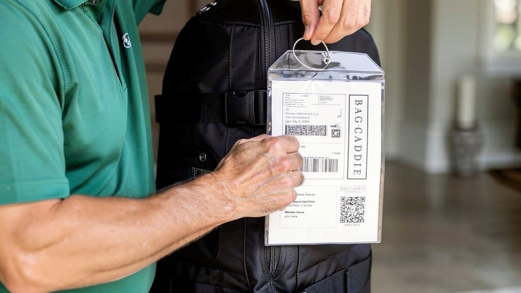 Golfer attaching a BagCaddie shipping label pouch to a packed golf travel bag for pickup