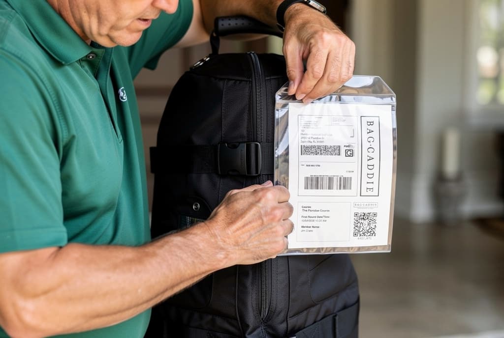 Black golf travel case staged at an entryway and ready for BagCaddie shipment