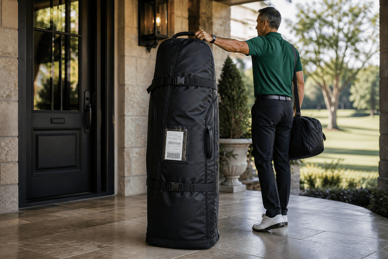 Packed BagCaddie golf travel bag with shipping label waiting on a front porch for pickup
