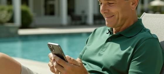 Golfer relaxing poolside after BagCaddie delivered clubs ahead of the trip