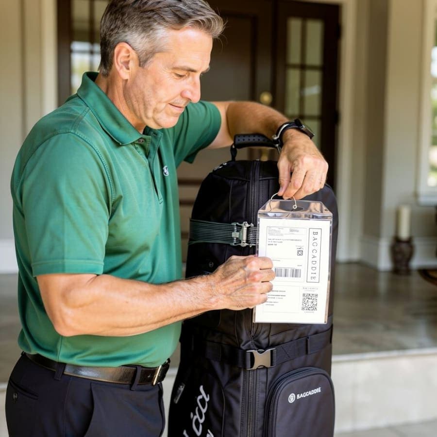 Golf travel bag with a BagCaddie shipping label pouch attached for return shipment