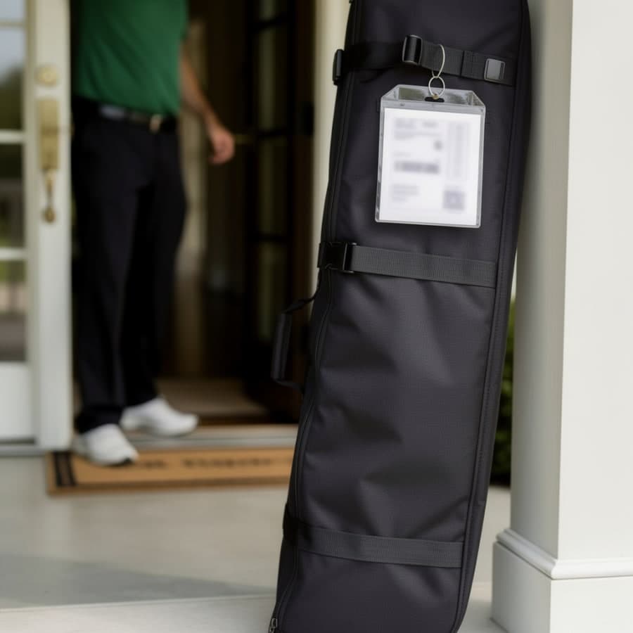 Packed BagCaddie golf travel bag with shipping label waiting on a front porch for pickup