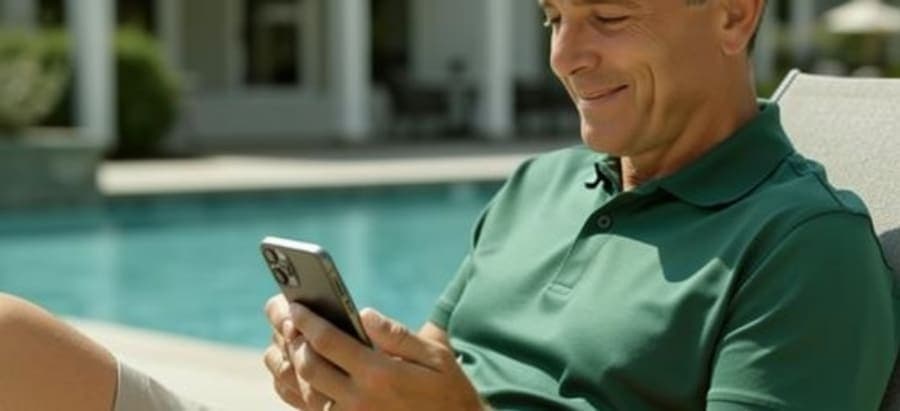 Golfer relaxing poolside with a phone after receiving a BagCaddie delivery update