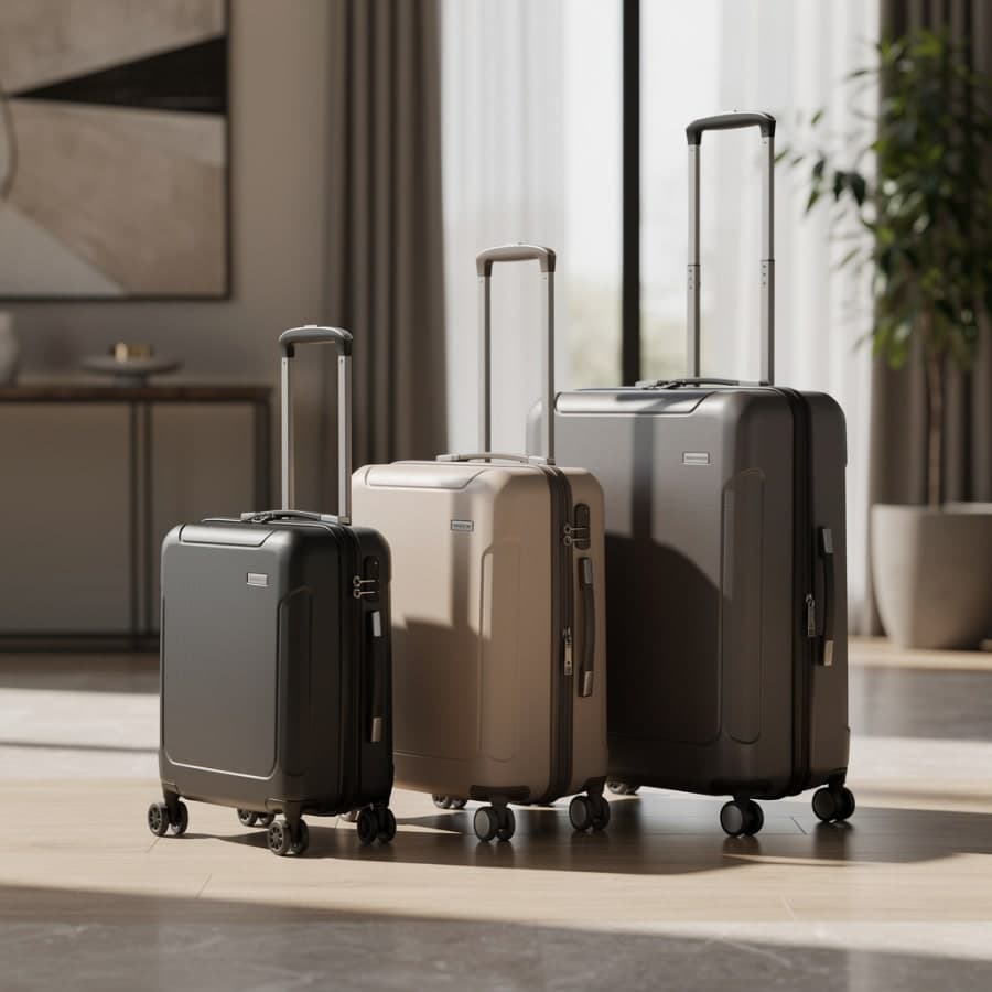 Small medium and large rolling luggage standing together for BagCaddie shipment