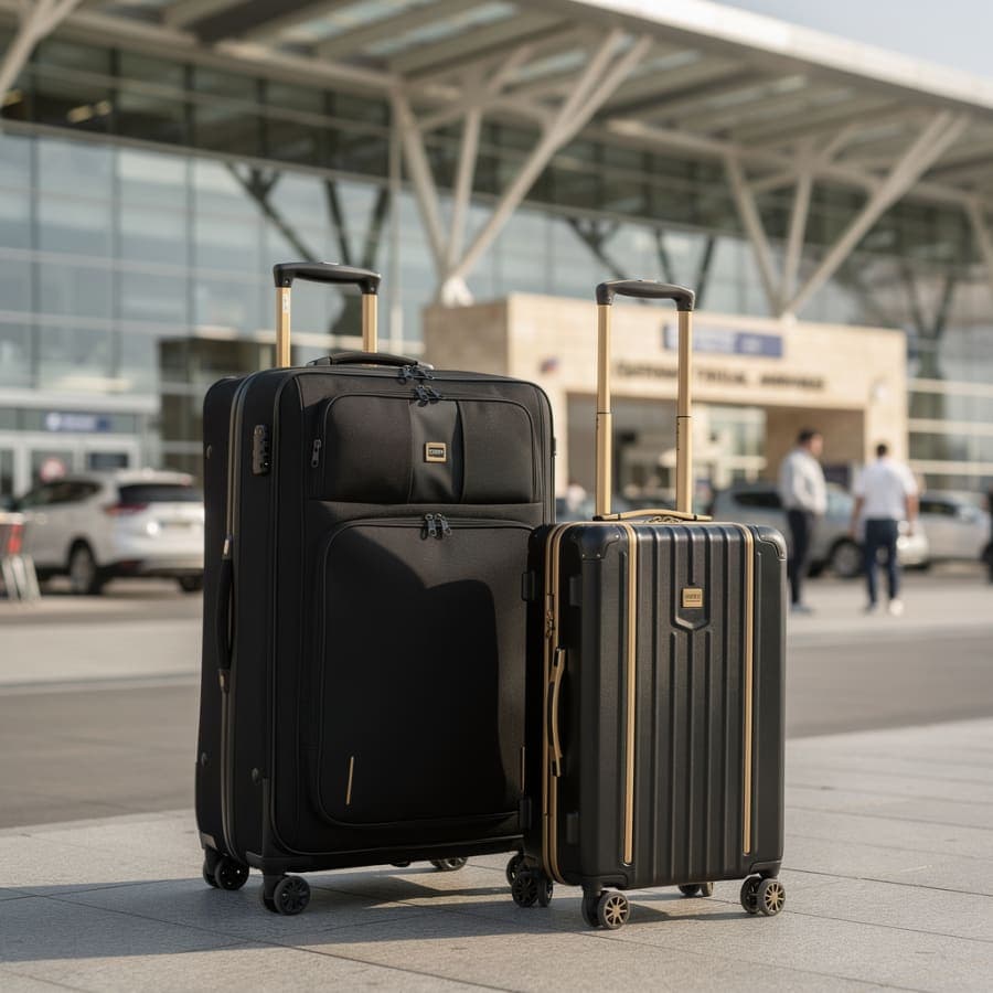 Golf travel case and rolling luggage at a modern international airport for BagCaddie shipping guidance