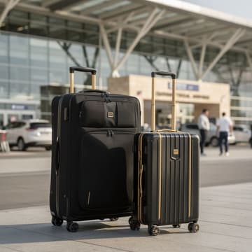 Golf travel case and rolling luggage at a modern international airport for BagCaddie shipping guidance