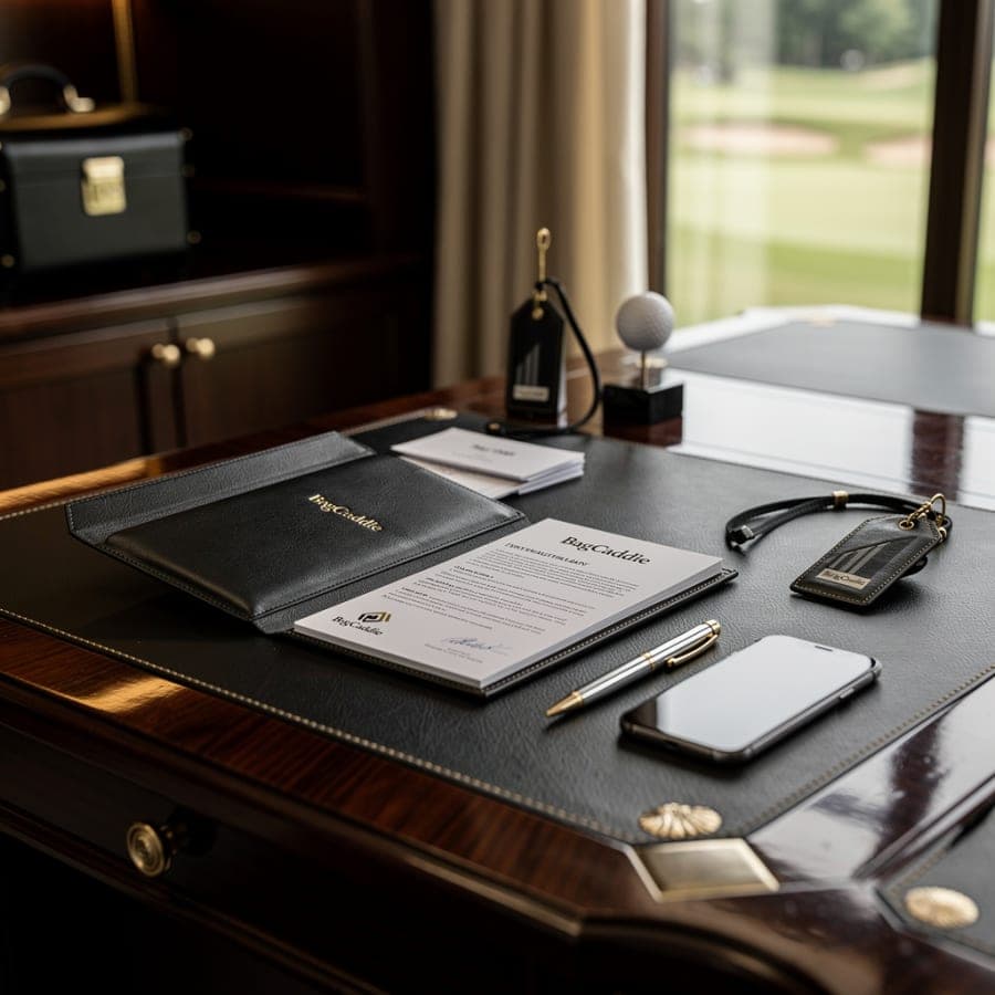 Premium clubhouse concierge desk with golf travel documents smartphone and protected bag tag