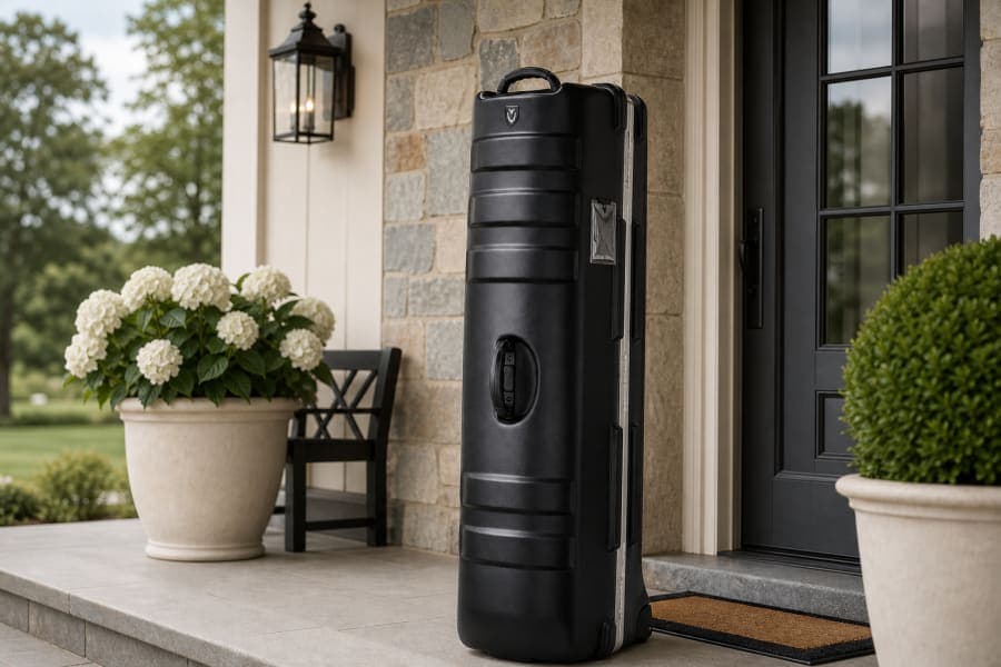 Black golf travel case staged at an entryway and ready for BagCaddie shipment