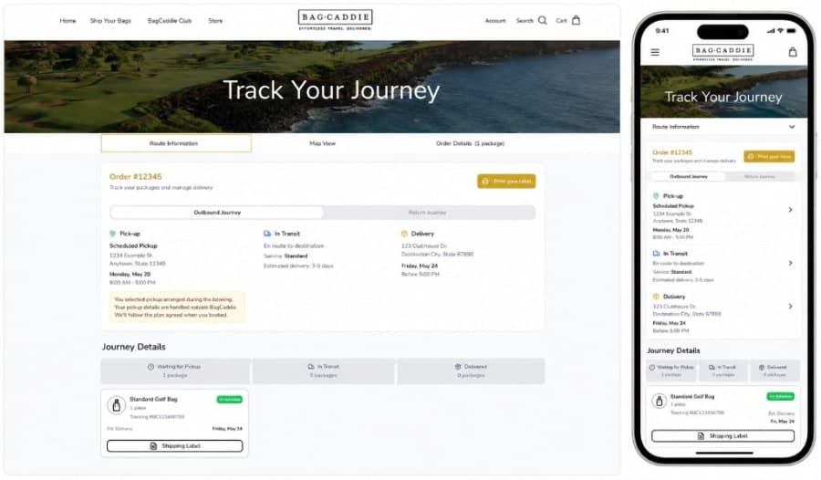 BagCaddie delivery monitoring dashboard and mobile journey tracking screen for a golf travel shipment