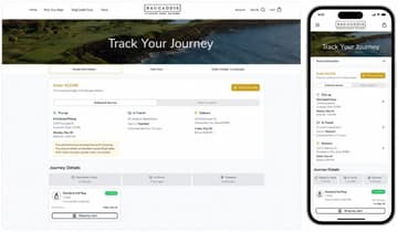 BagCaddie delivery monitoring dashboard and mobile journey tracking screen for a golf travel shipment