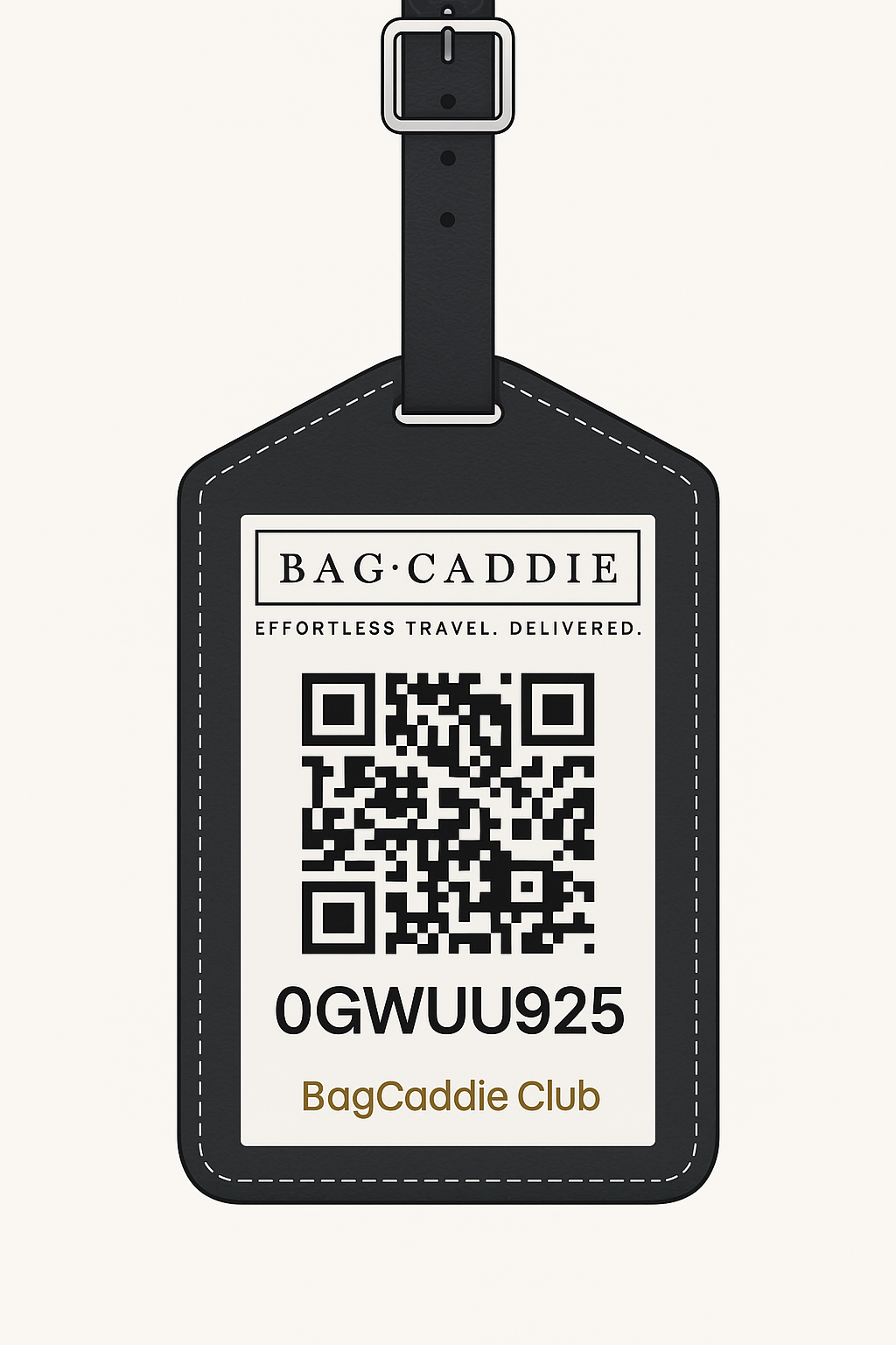 Black luggage tag with QR code and text on a white background