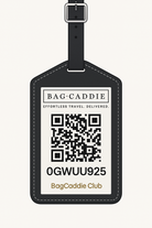 Black luggage tag with QR code and text on a white background