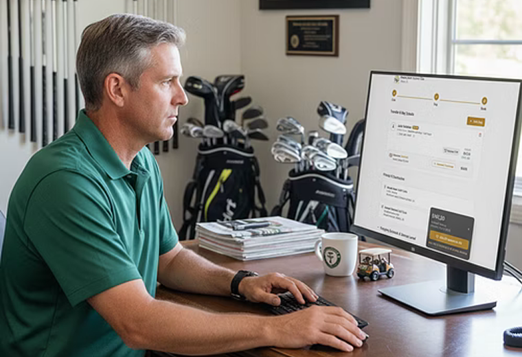 Club staff member using the BagCaddie dashboard to manage bookings and logistics from a golf club office.