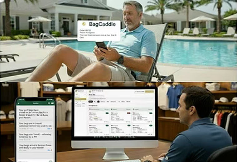 Golf member relaxing while viewing BagCaddie updates on a mobile device as club staff manage logistics on a desktop dashboard.