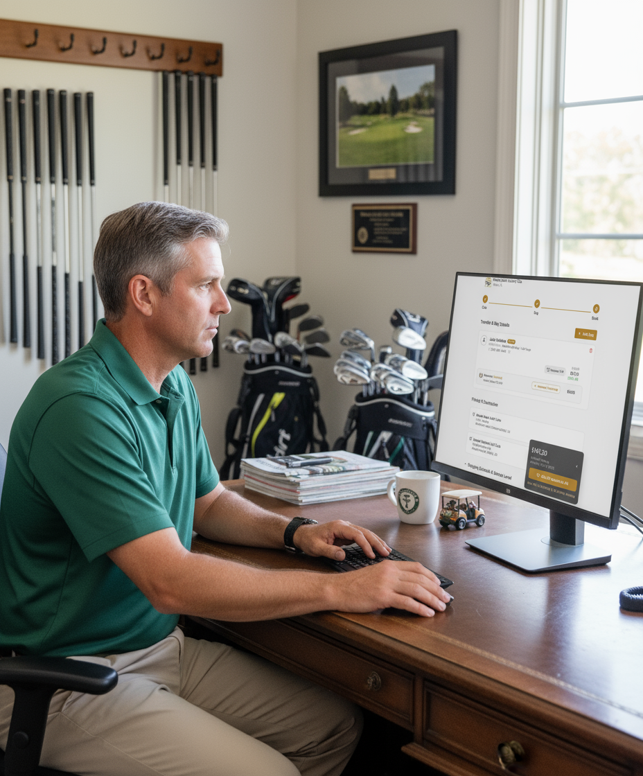 Golf professional using the BagCaddie shipping and member travel platform at the pro shop.